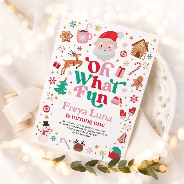Cute Christmas Birthday Oh What Fun Girl Birthday Invitation (Creator Uploaded)