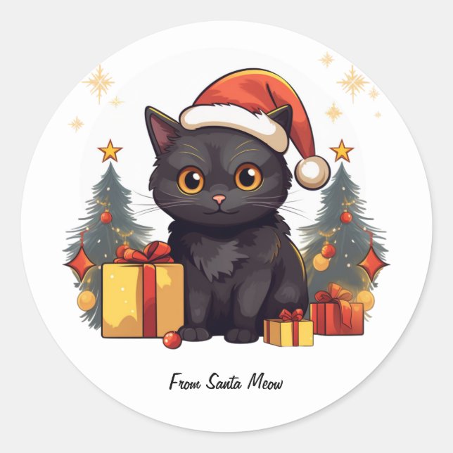 Cute Christmas Black Cat Classic Round Sticker (Front)