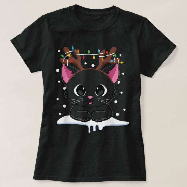 Cute Christmas Black Cat Design T-Shirt (Design Front)