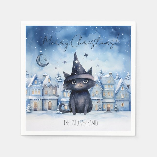 Cute Christmas Black Cat Festive Holiday Napkin (Front)