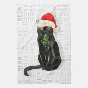 Cute Christmas Black Cat for Pet Lovers Tea Towel