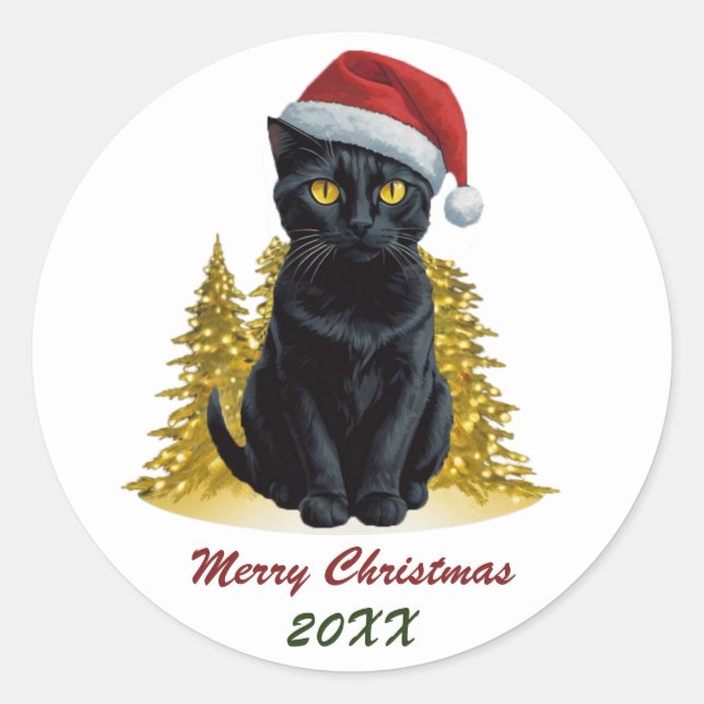 Cute Christmas Black Cat in Santa Hat Custom  Classic Round Sticker (Front)
