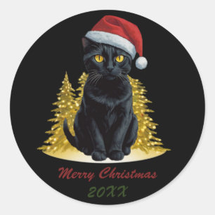 Cute Christmas Black Cat in Santa Hat Custom  Classic Round Sticker