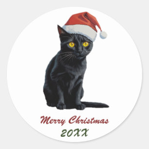 Cute Christmas Black Cat in Santa Hat Custom  Classic Round Sticker