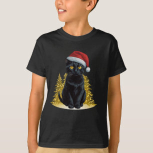 Cute Christmas Black Cat in Santa Hat Led Lights  T-Shirt