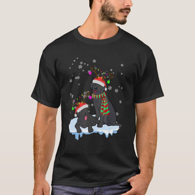 Cute Christmas Black Lab Santa Hats Reindeer Dog T-Shirt (Front)