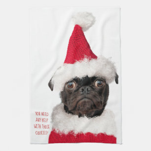 Cute Christmas Black Pug Puppy Santa Helper Tea Towel