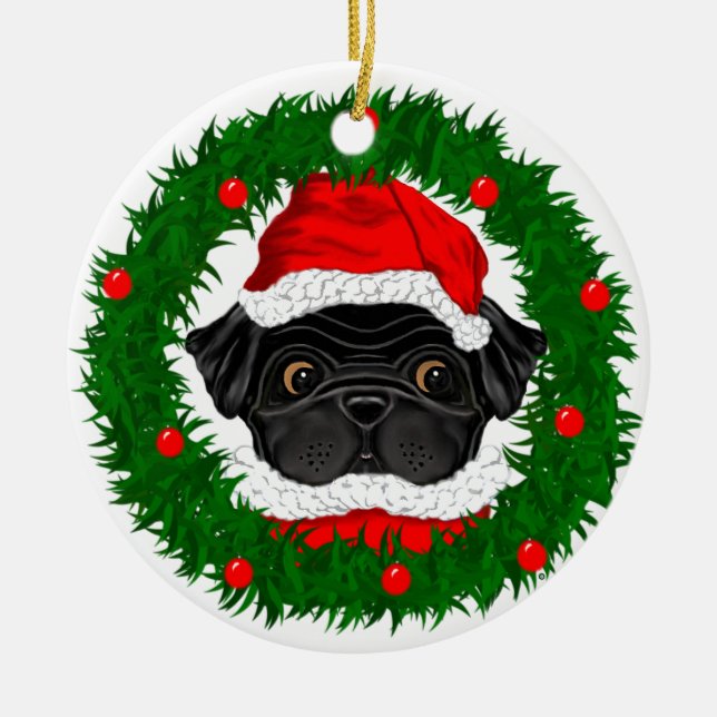 Cute Christmas Black Pug Santa in Wreath Ceramic Tree Decoration (Front)