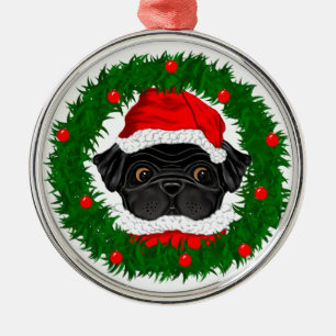 Cute Christmas Black Pug Santa in Wreath Metal Ornament
