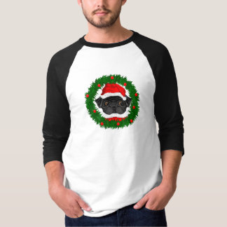 Cute Christmas Black Pug Santa in Wreath T-Shirt