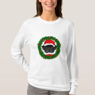 Cute Christmas Black Pug Santa in Wreath T-Shirt