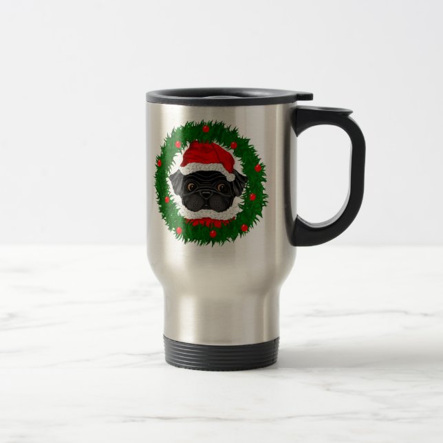 Cute Christmas Black Pug Santa in Wreath Travel Mug (Right)