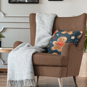 Cute Christmas Blue and Red Gingerbread Pattern Cushion