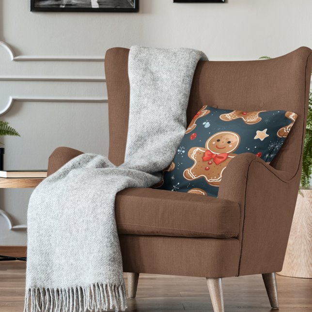 Cute Christmas Blue and Red Gingerbread Pattern Cushion (Cute gingerbread men pattern on navy blue background with light blue, red and cream stars pillow.)