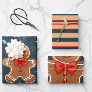 Cute Christmas Blue and Red Gingerbread Pattern Wrapping Paper Sheet