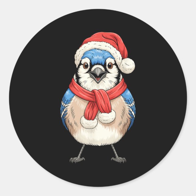 Cute Christmas Blue Jay Santa Bird Watching  Classic Round Sticker (Front)
