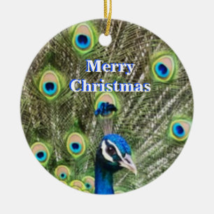 Cute Christmas blue peacock bird & calligraphy Ceramic Ornament
