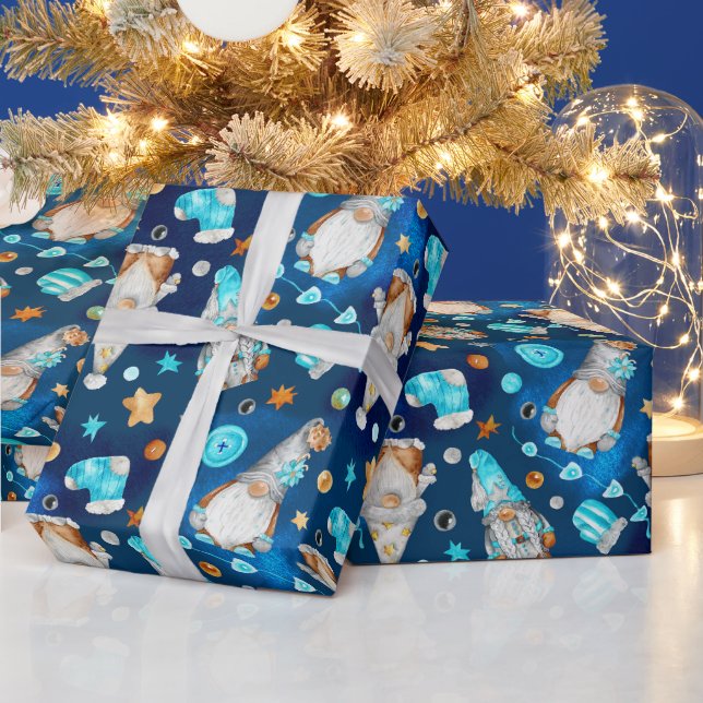 Cute Christmas Blue Scandinavian Gnomes    Wrapping Paper (Holidays)