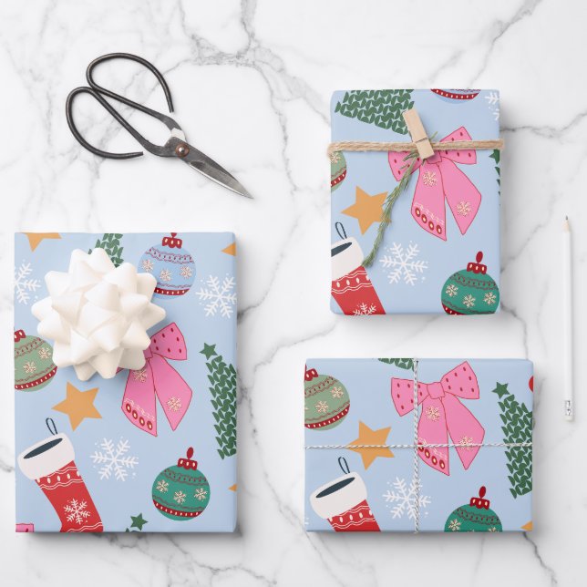 Cute Christmas Blue Wrapping Paper Sheet (Front)