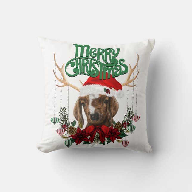 Cute Christmas Boer Goat with Antlers and Wreath Cushion (Front)