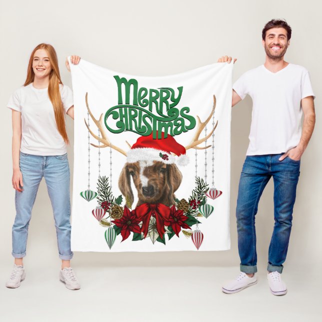 Cute Christmas Boer  Goat with Antlers and Wreath Fleece Blanket (In Situ)
