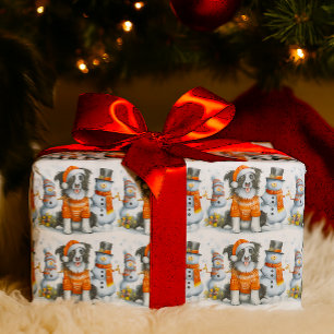 Cute Christmas Border Collie Dog and Snowman Wrapping Paper