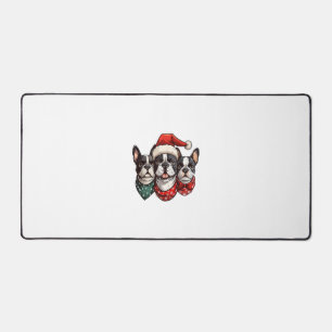 Cute Christmas Boston Terrier Dogs Santa Hat Snowf Desk Mat