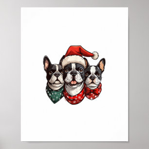 Cute Christmas Boston Terrier Dogs Santa Hat Snowf Poster