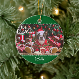 Cute Christmas Boston Terrier Pajamas Personalized Ceramic Ornament