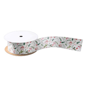 Cute Christmas Botanical Foliage Gift Wrapping Satin Ribbon