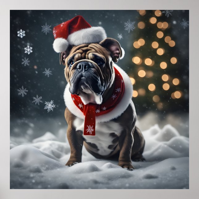 Cute Christmas Bulldog with Santa Hat in Snow  Poster (Front)