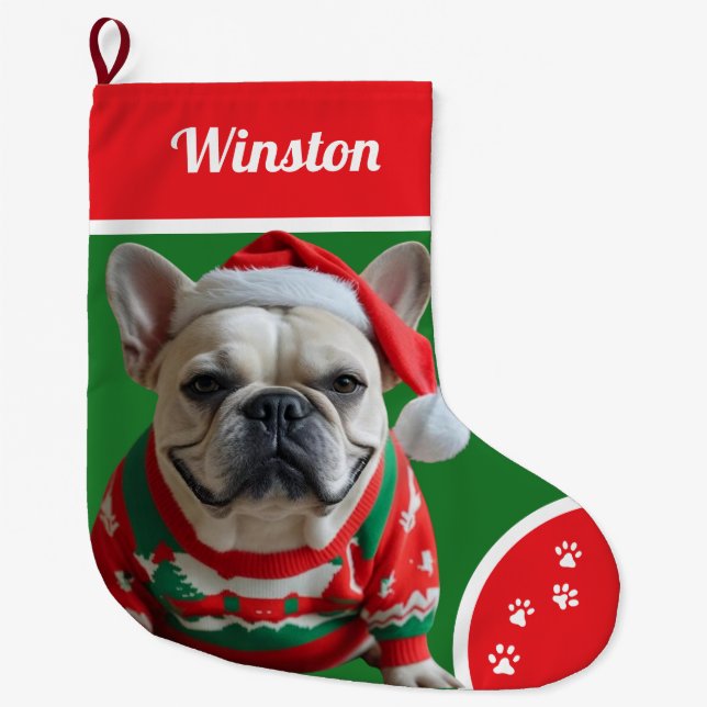 Cute Christmas Bulldog with Sweater Personalised Large Christmas Stocking (Front)