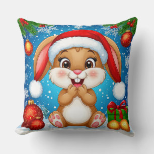 Cute Christmas Bunny Wearing Santa Hat Cushion