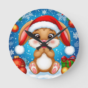 Cute Christmas Bunny Wearing Santa Hat Round Clock