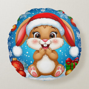 Cute Christmas Bunny Wearing Santa Hat Round Cushion