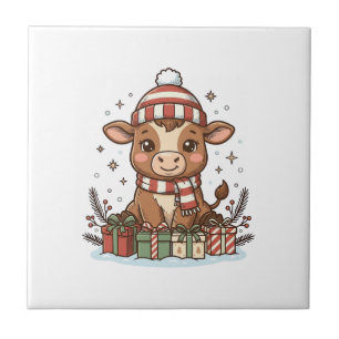 Cute Christmas Calf With Gifts Vintage Vector_1 Ceramic Tile