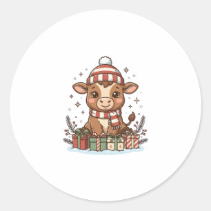 Cute Christmas Calf With Gifts Vintage Vector_1 Classic Round Sticker