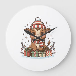 Cute Christmas Calf With Gifts Vintage Vector_1 Large Clock
