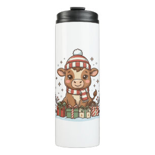 Cute Christmas Calf With Gifts Vintage Vector_1 Thermal Tumbler