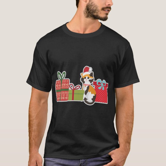 Cute Christmas Calico Cat with Santa Hat - Pet Cal T-Shirt (Front)