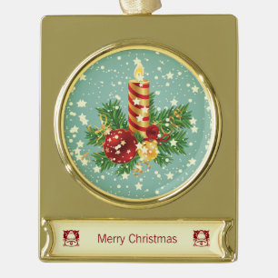 Cute Christmas Candle And Sparkles Gold Plated Banner Ornament