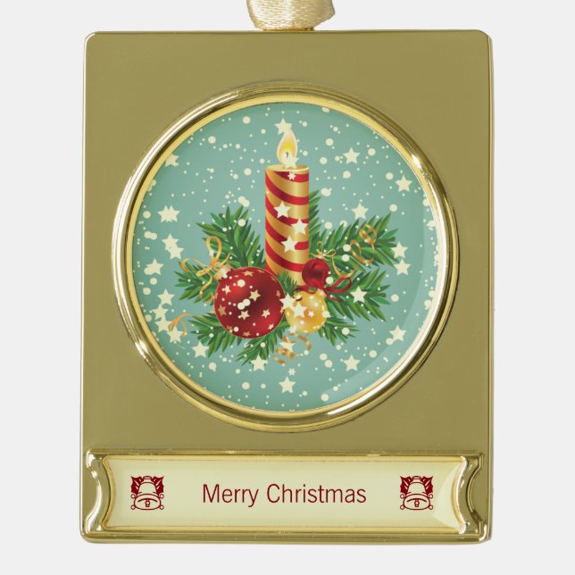 Cute Christmas Candle And Sparkles Gold Plated Banner Ornament (Front)