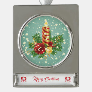 Cute Christmas Candle And Sparkles Silver Plated Banner Ornament