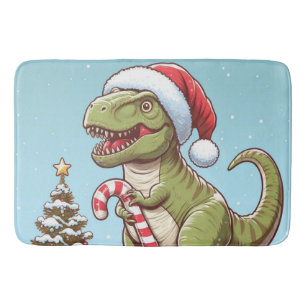 Cute Christmas candy cane dinosaur Bath Mat