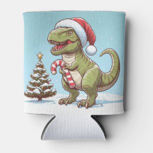 Cute Christmas candy cane dinosaur Can Cooler