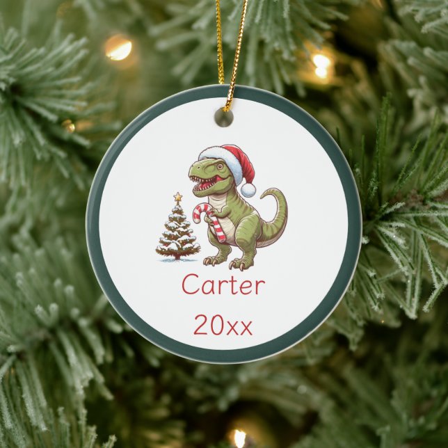 Cute Christmas candy cane dinosaur Ceramic Ornament (Tree)