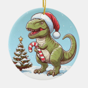 Cute Christmas candy cane dinosaur Ceramic Ornament