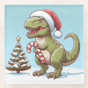Cute Christmas candy cane dinosaur Glass Coaster