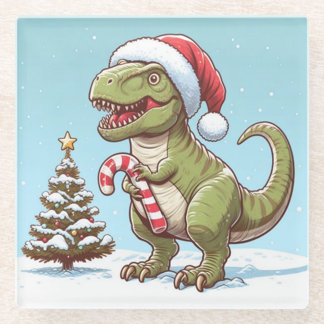 Cute Christmas candy cane dinosaur Glass Coaster (Front)