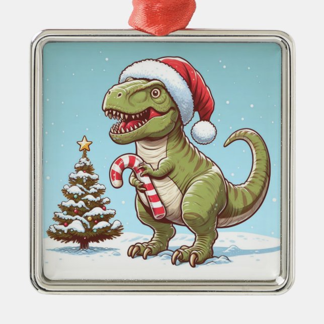 Cute Christmas candy cane dinosaur Metal Ornament (Front)